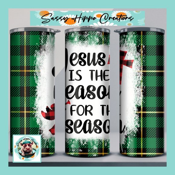 Skinny Tumbler Jesus is the Reason for Season Christmas Cross Green Sublimated - Picture 1 of 7